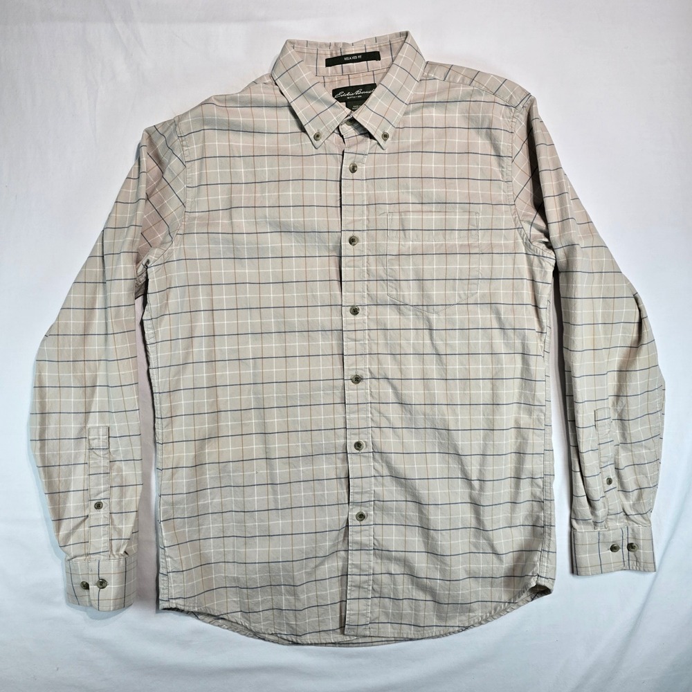 Eddie Bauer Mens Relaxed Fit Plaid Button Down Shirt Tan Blue Cotton Small 7916